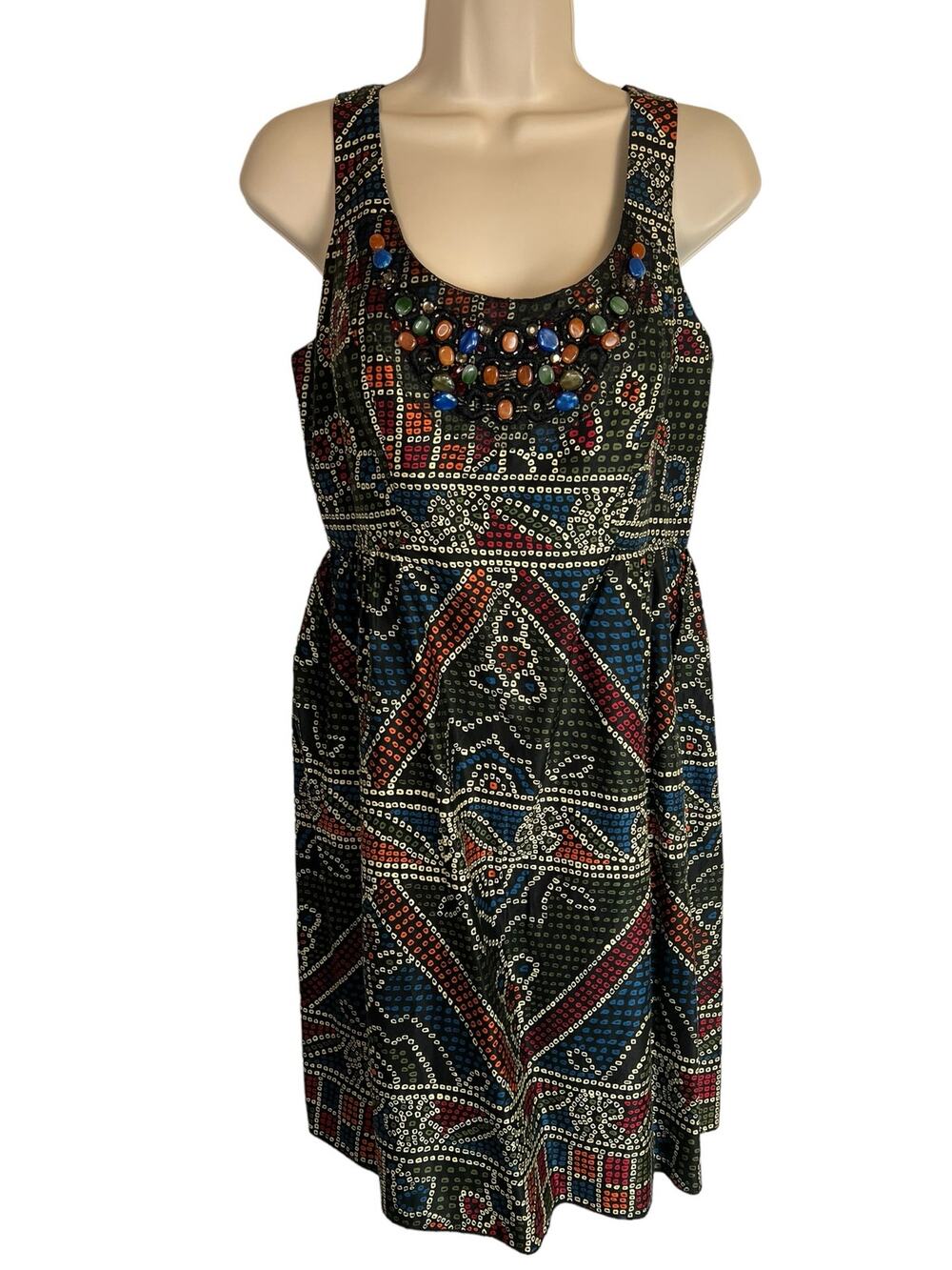 Anna Sui Anthropologie Dress 6 Fit & Flare Beaded Tank knee Length Tea Brunch